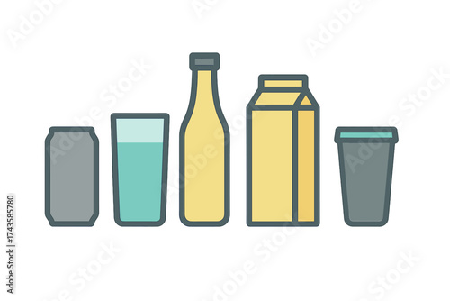 Horizontal row of diverse beverage containers including soda can, glass, bottle, carton, and travel cup