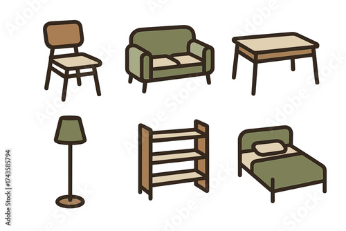 Household furniture items: bed, sofa, chair, lamp, table, and shelving unit