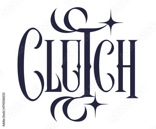 Vintage inspired clutch lettering with decorative swirls and stars evokes classic automotive design, ideal for hot rod enthusiasts and motorheads