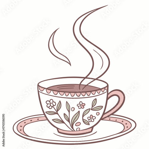 Charming floral patterned teacup with steam rising from hot beverage on a decorative saucer