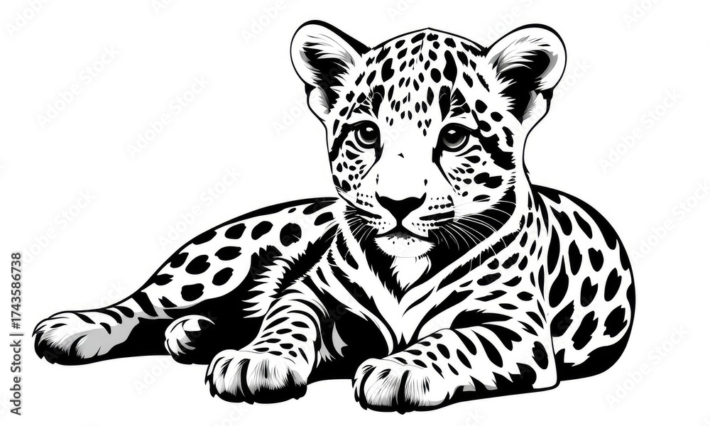 Obraz premium Black and white jaguar illustration with detailed pattern and intricate design