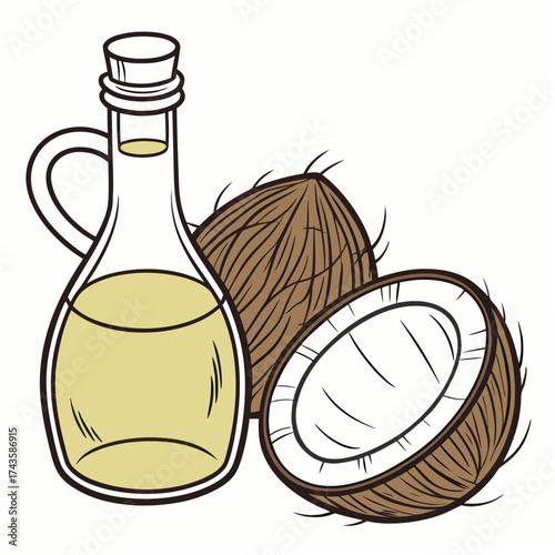 Illustration of a glass bottle filled with golden coconut oil next to a whole and a halved coconut