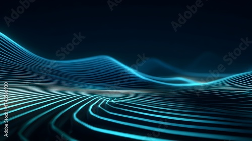 Wallpaper Mural Abstract representation featuring undulating, luminous lines arranged to create a dynamic, flowing topography with a blend of blue and teal hues set against a dark backdrop, conveying a sense of... Torontodigital.ca