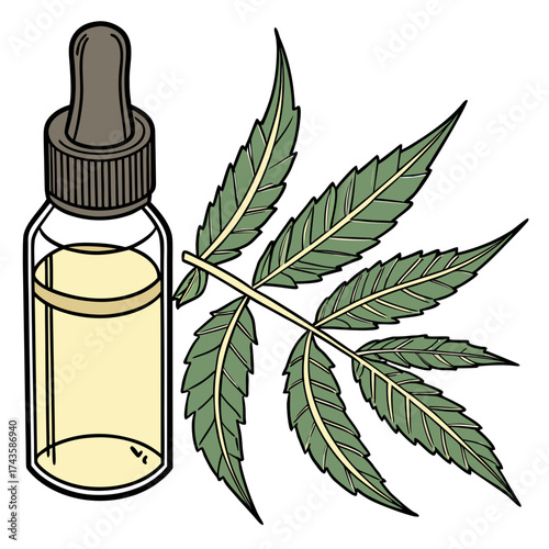 Illustration of a glass dropper bottle filled with yellow liquid next to a green leaf sprig on a white background