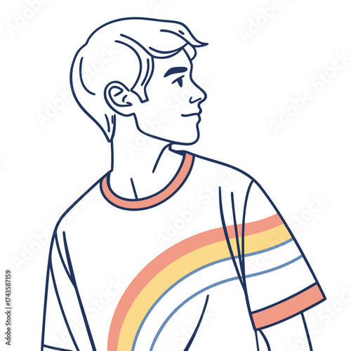 Young person in casual attire looks to the side with a smile in simple line art style