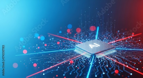 Abstract digital illustration of a central processing unit with glowing circuits and data streams, representing artificial intelligence and technology