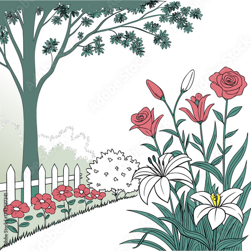 A charming illustration of a garden scene with a large tree white picket fence and blooming flowers