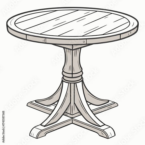 A detailed illustration of a classic round wooden pedestal dining table with a planked surface and ornate base