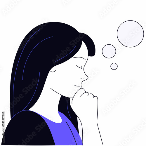 A young woman with dark hair in profile with her eyes closed and chin resting on her hand with thought bubbles above her head