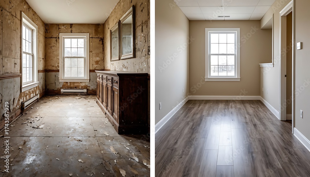 Fototapeta premium Empty room showing renovation before and after, transforming an old dilapidated space into a new clean modern interior