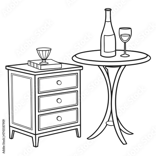 Simple line drawing of a three drawer nightstand with a book and goblet next to a round table with a wine bottle and glass