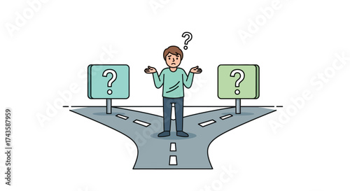 Man standing at a crossroads with question marks, illustrating decision making and confusion in
