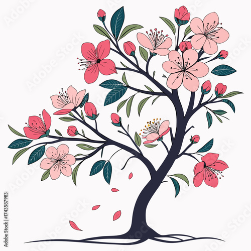 Stylized illustration of a dark barked tree adorned with blooming pink cherry blossoms and green leaves