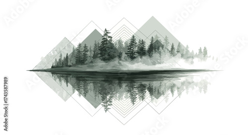 Misty monochrome forest reflection, geometric overlays enhancing the surreal ethereal artwork
