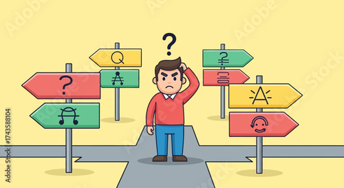 Cartoon man at crossroads with multiple signposts symbolizing decision-making challenges