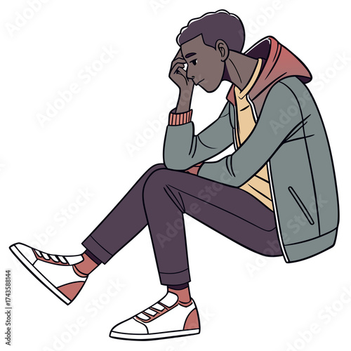 Young black man sitting thoughtfully with hand on forehead wearing casual clothing and sneakers