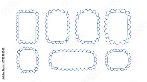 This is a hand-drawn set of frames with wavy edges resembling scallops. It includes a collection of simple black wavy lines. Vector illustration