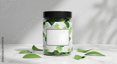 Wallpaper Mural Mockup jar with green leaves, blank label for natural supplement branding. Torontodigital.ca
