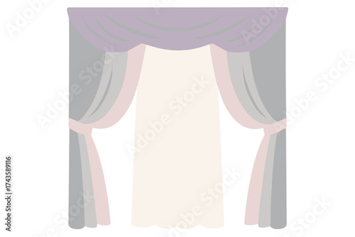 Layered window treatment with gray drapes, sheer fabric, and decorative purple swag