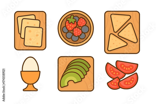 Six flat design icons showing healthy breakfast and snack ingredients assortment