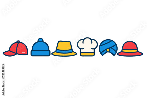 Colorful collection of various headwear icons including cap, beanie, fedora, chef hat, and turban