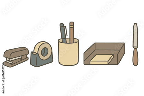 Essential desk tools set with stapler tape dispenser pen holder and paper tray