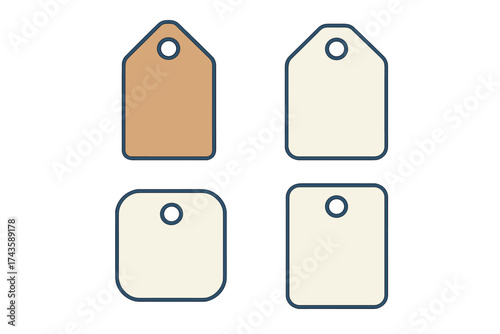 Collection of four blank retail tags in various shapes and neutral colors for shopping and labeling