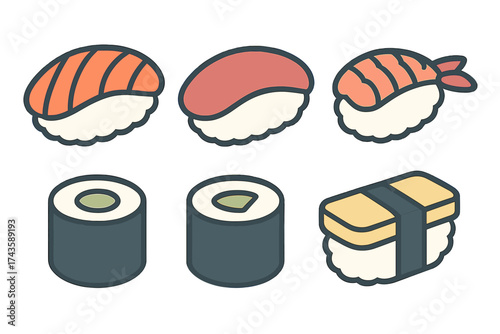 Various types of Japanese sushi and maki rolls presented in an isometric style