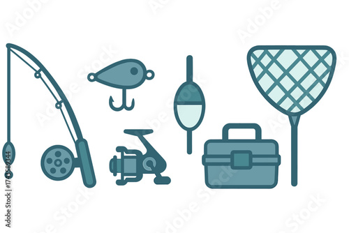 Flat design fishing equipment set featuring rod, reel, lure, bobber, and tackle box