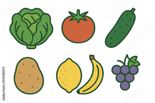 Colorful assortment of healthy fresh produce items: lettuce, tomato, cucumber, potato, lemon, banana, and grapes