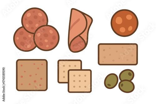 Assortment of deli meats, crackers, and olives arranged as appetizer snacks