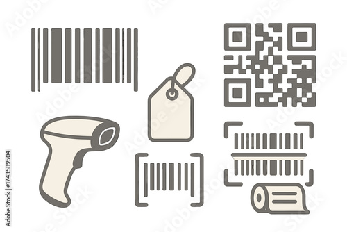 Commerce and inventory icons set featuring barcode scanner QR code price tag and receipt symbols