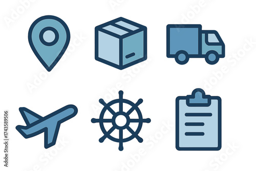 Blue outline icons set for global logistics, shipping, and delivery services