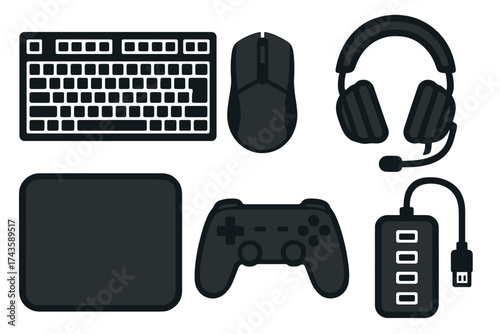 Essential gaming and computer peripherals set featuring keyboard, mouse, headset, controller, and USB hub