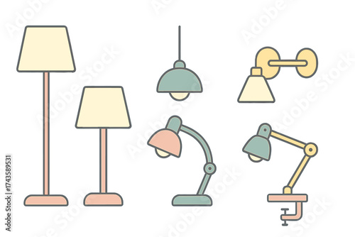 Set of various modern interior lamps including floor, desk, and pendant lights