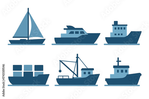 Marine transport vessels including sailboat, yacht, cargo ship, and fishing boat