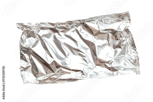 Shiny silver foil wrapped object isolated on transparent background. Blank plastic foil pouches mockup isolated on white background.
