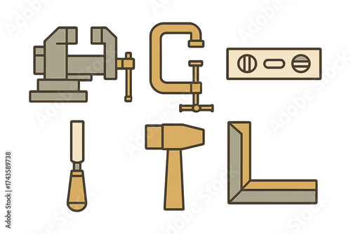 Essential woodworking and carpentry tools collection: vise, clamp, level, chisel, hammer