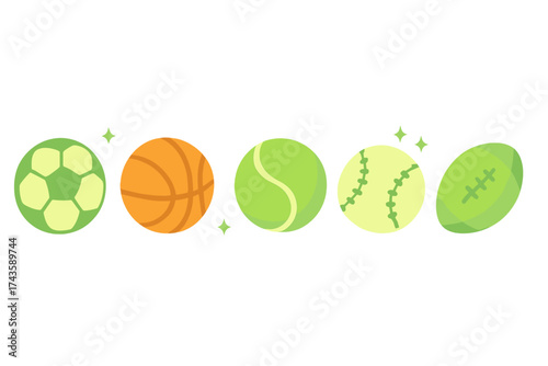Row of popular sports balls including soccer, basketball, tennis, baseball, and American football