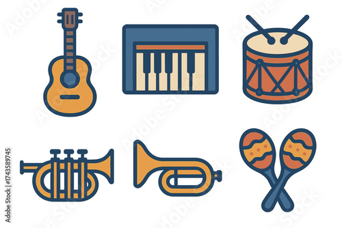 Set of acoustic and electronic musical instruments in colorful flat design