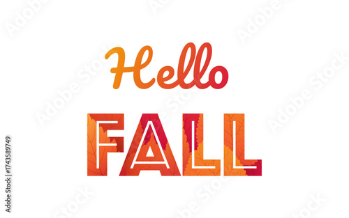 Hello Fall text design with colorful autumn leaves, patterned letters. Seasonal vector typography, perfect for autumn greetings, posters, invitations, and decorative artwork.