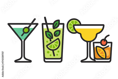Assortment of classic bar cocktails martini mojito and margarita in outline