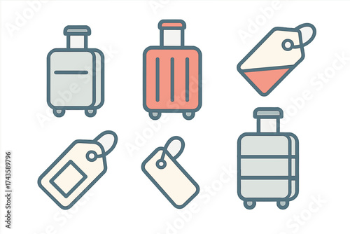 Minimalist collection of travel icons featuring rolling suitcases and baggage identification tags