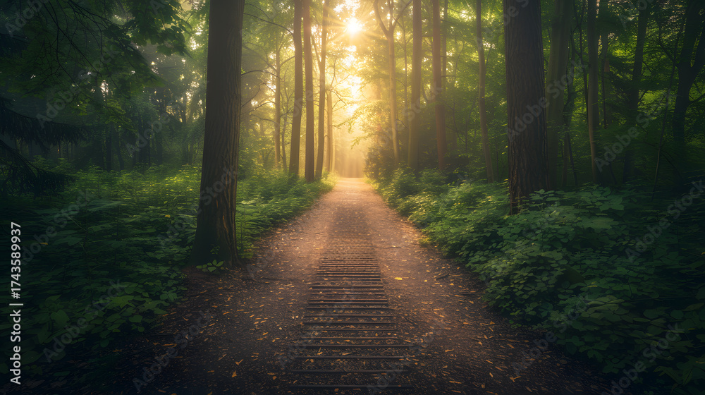 Fototapeta premium A path through a forest with a wooden bridge