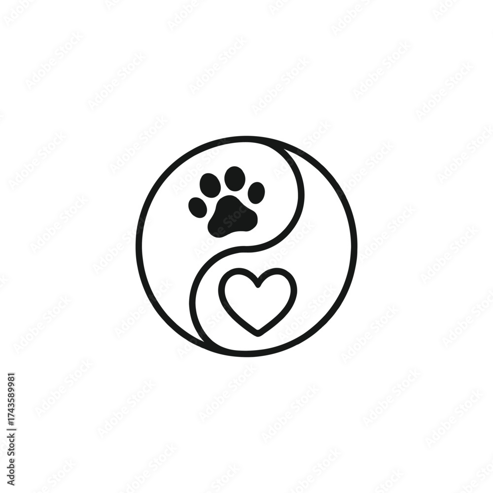 Fototapeta premium Yin Yang symbol with paw print and heart, representing animal love and balance