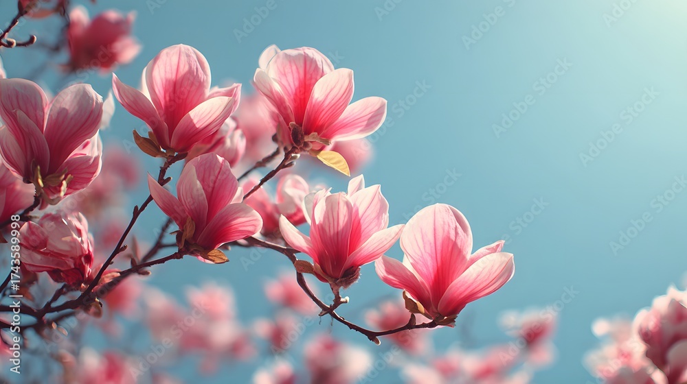 Obraz premium Delicate pink magnolia blossoms bloom brightly against a clear, azure sky, showcasing intricate petal detail and a sunlit ambience within a spring floral scene.