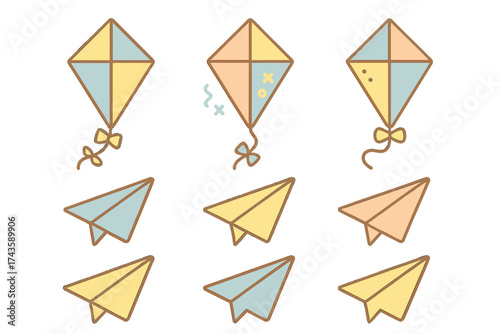 Simple outlined icons of colorful kites and paper airplanes in soft pastel yellow blue and peach