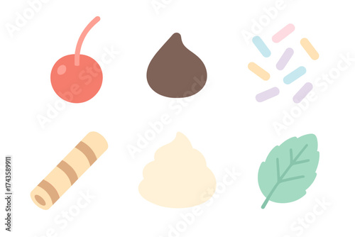 Set of sweet dessert toppings including cherry, chocolate chips, sprinkles, and whipped cream