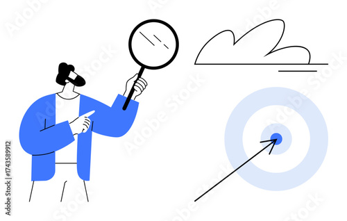 Man analyzing with magnifying glass, pointing at target with arrow. Ideal for focus, problem-solving, strategy, analysis, vision, goal setting success. Simple flat metaphor