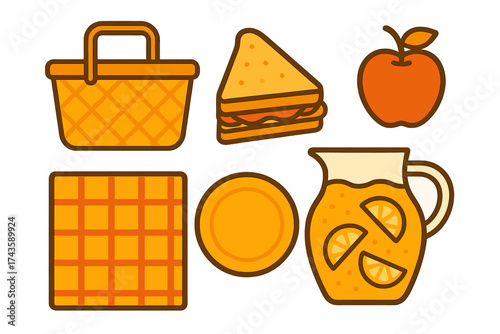 Essential picnic items collection including basket, sandwich, apple, blanket, plate, and juice pitcher